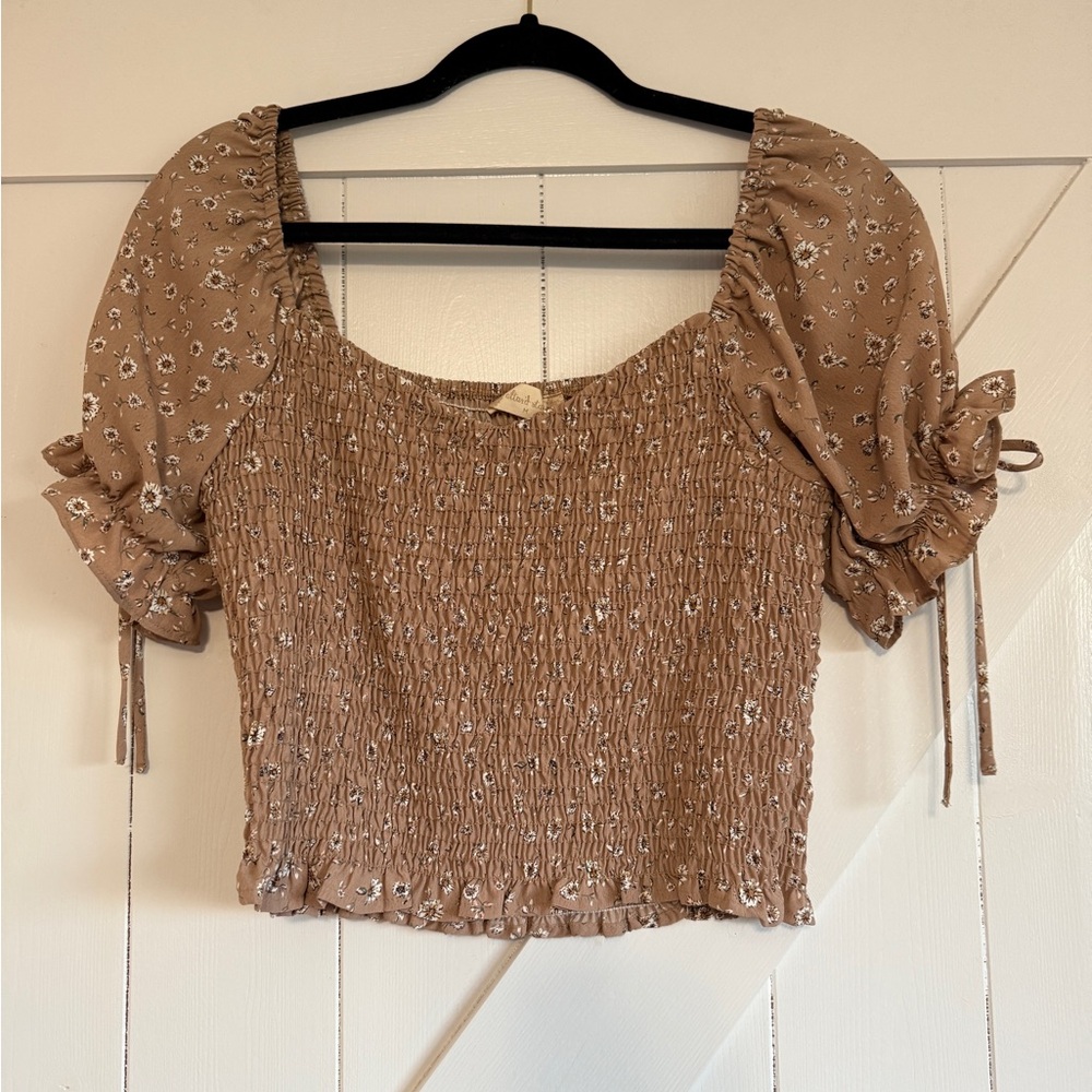 Altar'd State Floral Smocked Tan Blouse Size Medium